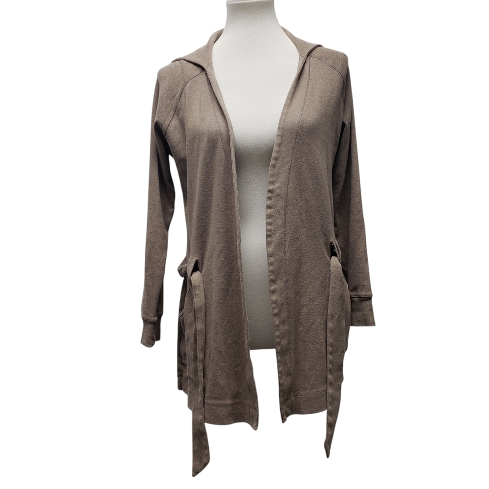 GapBody Open Front Cardigan Tie Waist Size S Taupe Pockets Casual Lounge Y2K